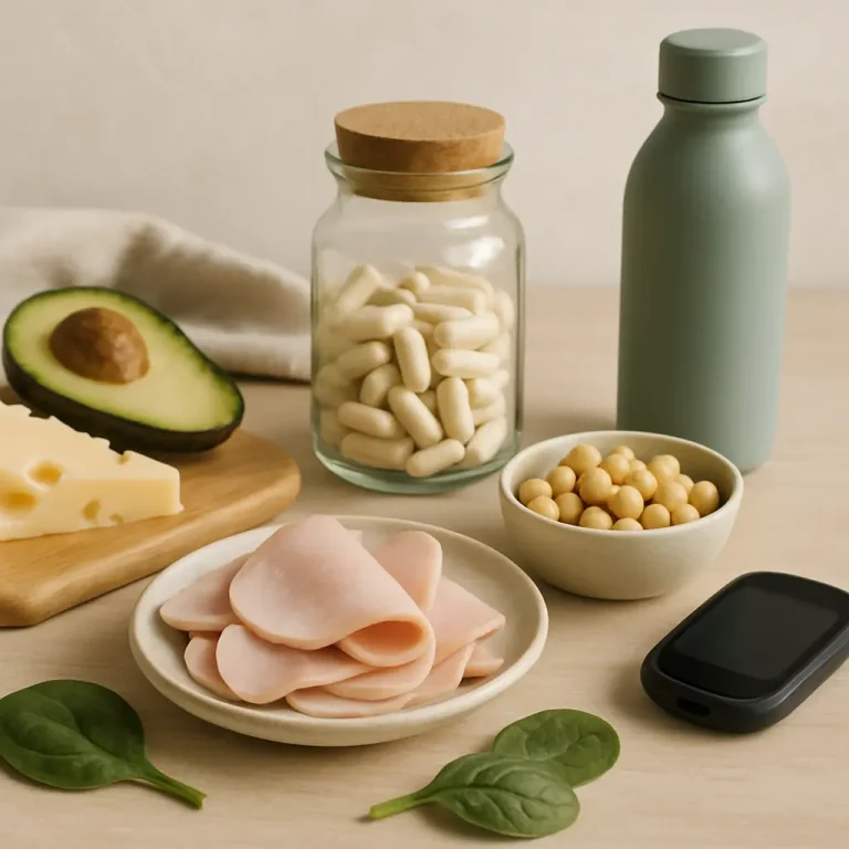 Healthy eating and wellness setup with vitamin supplements in a jar, avocado, cheese, sliced ham, beans, a water bottle, and spinach leaves on a table, promoting fitness and nutrition.