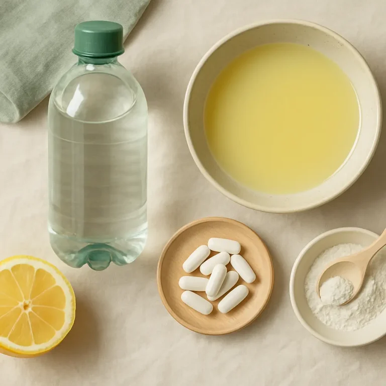 Collection of wellness items including a bottle of water, lemon half, bowl of yellow liquid, white tablets, and a bowl with a wooden spoon containing powder, emphasizing vitamins, supplements, and healthy eating for fitness and wellness.