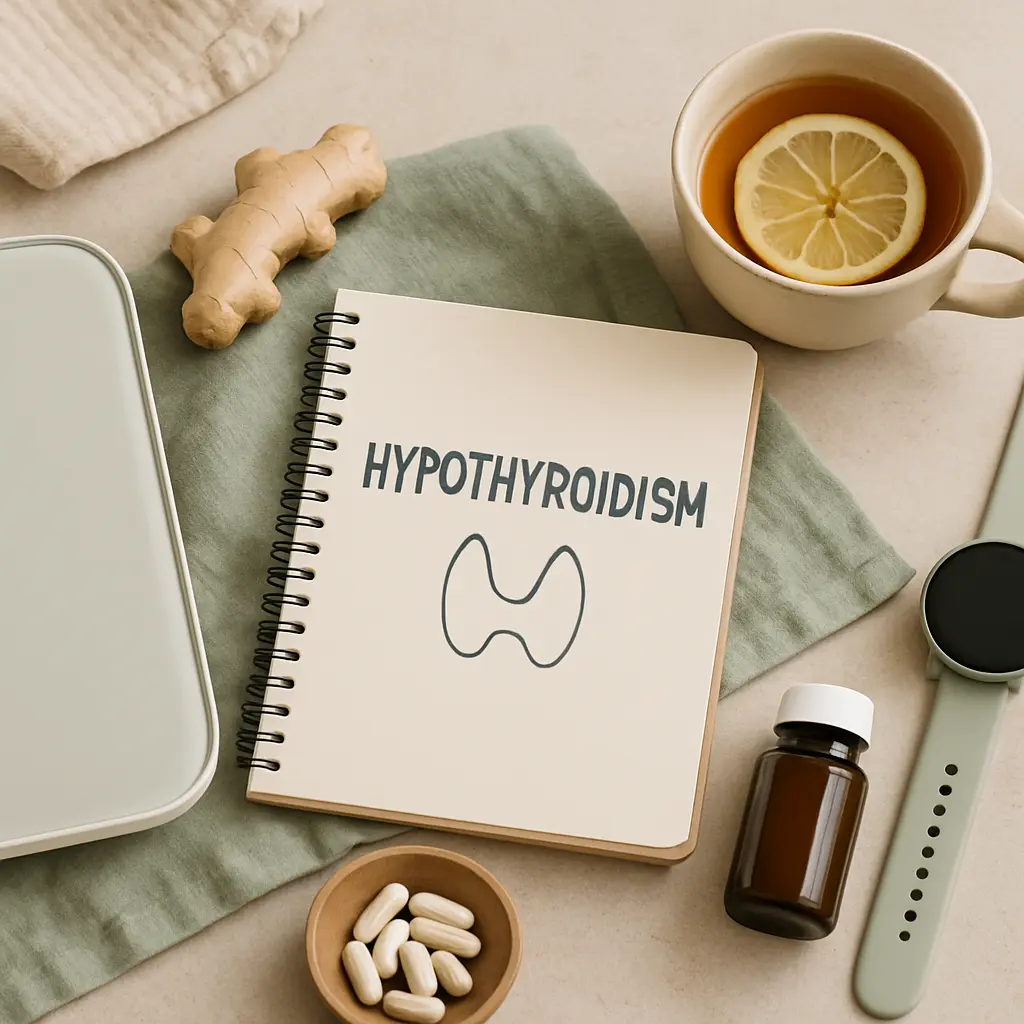 Flat lay of a notebook labeled 'Hypothyroidism' with a thyroid illustration, next to ginger, a cup of lemon tea, white pills in a bowl, a supplement bottle, and a fitness smartwatch, symbolizing health, wellness, and diet management.