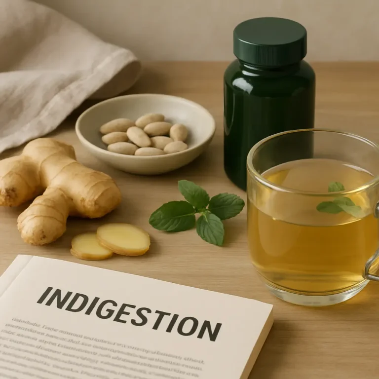 Ginger root, herbal tea, a green pill bottle, and a bowl of supplements on a table with a book titled Indigestion, suggesting wellness and healthy eating.