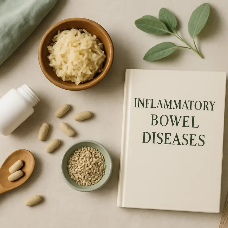 Assortment of wellness items including a book titled 'Inflammatory Bowel Diseases,' a bottle of supplements, a bowl of rice, seeds, and fresh leaves, symbolizing healthy eating and dietary wellness.