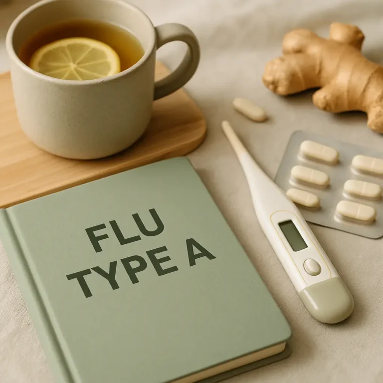 A cup of herbal tea with a lemon slice, ginger root, a thermometer, vitamin supplements, and a book titled 'Flu Type A', suggesting a focus on wellness and healthy routines.