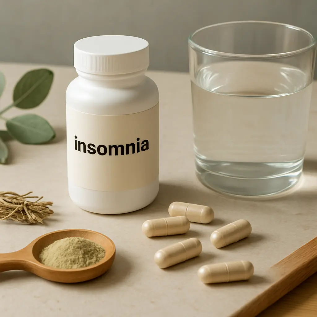 Supplement bottle labeled 'insomnia' with capsules and a glass of water, promoting sleep aid, wellness, and natural remedies.