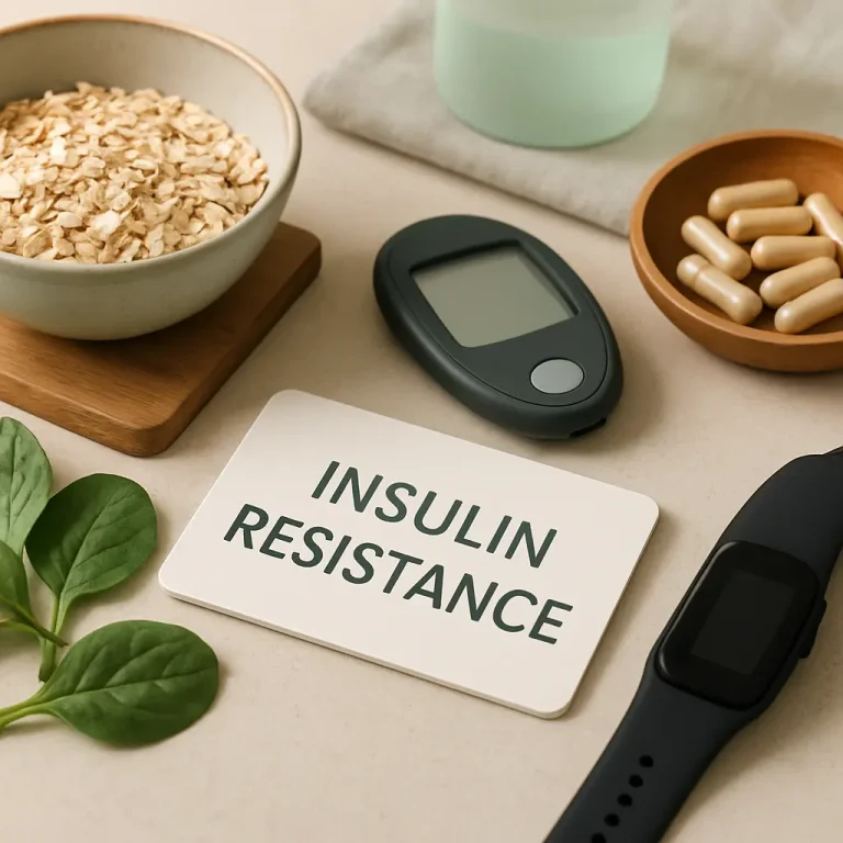 A flat lay featuring a card labeled 'Insulin Resistance,' surrounded by a bowl of oats, spinach leaves, a digital glucose monitor, a fitness tracker, and a wooden bowl of supplements, highlighting themes of wellness, healthy eating, and fitness.