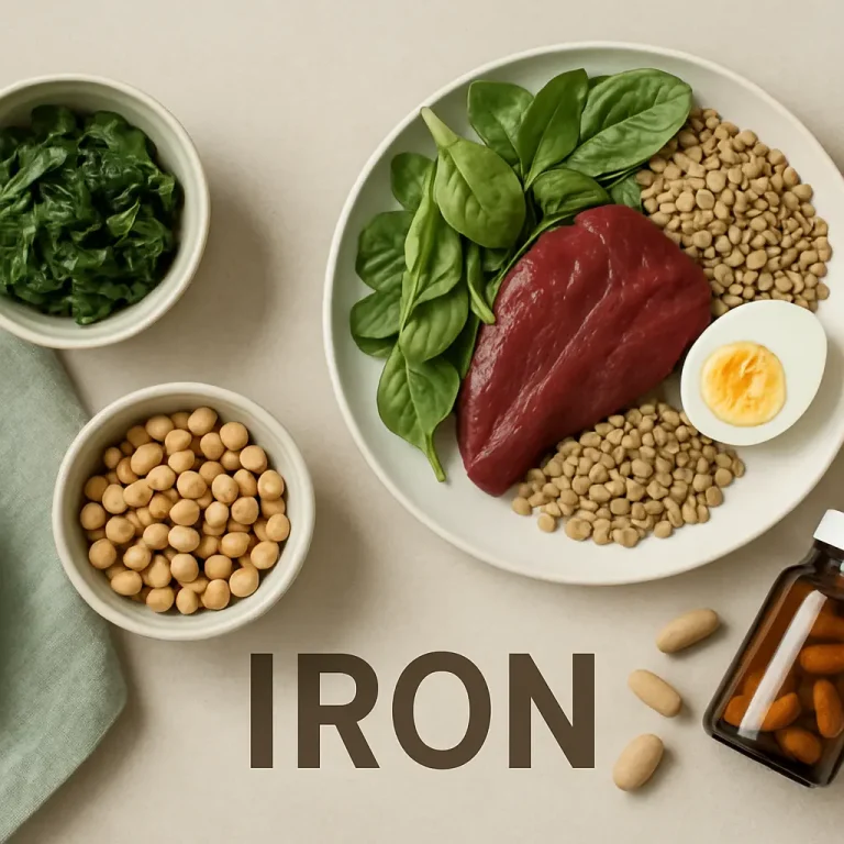 Plate with iron-rich foods including spinach, beef, lentils, a boiled egg, alongside spinach salad, chickpeas, and iron supplements.