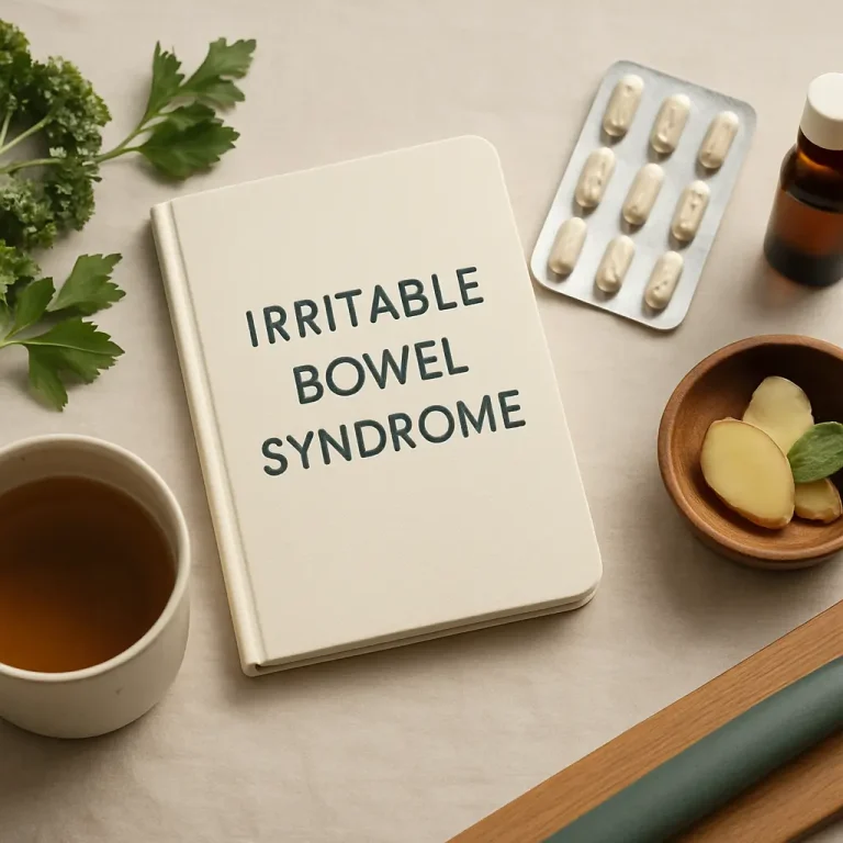 Book titled 'Irritable Bowel Syndrome' alongside supplements, a bottle, ginger slices in a bowl, tea, and parsley, emphasizing health and wellness.
