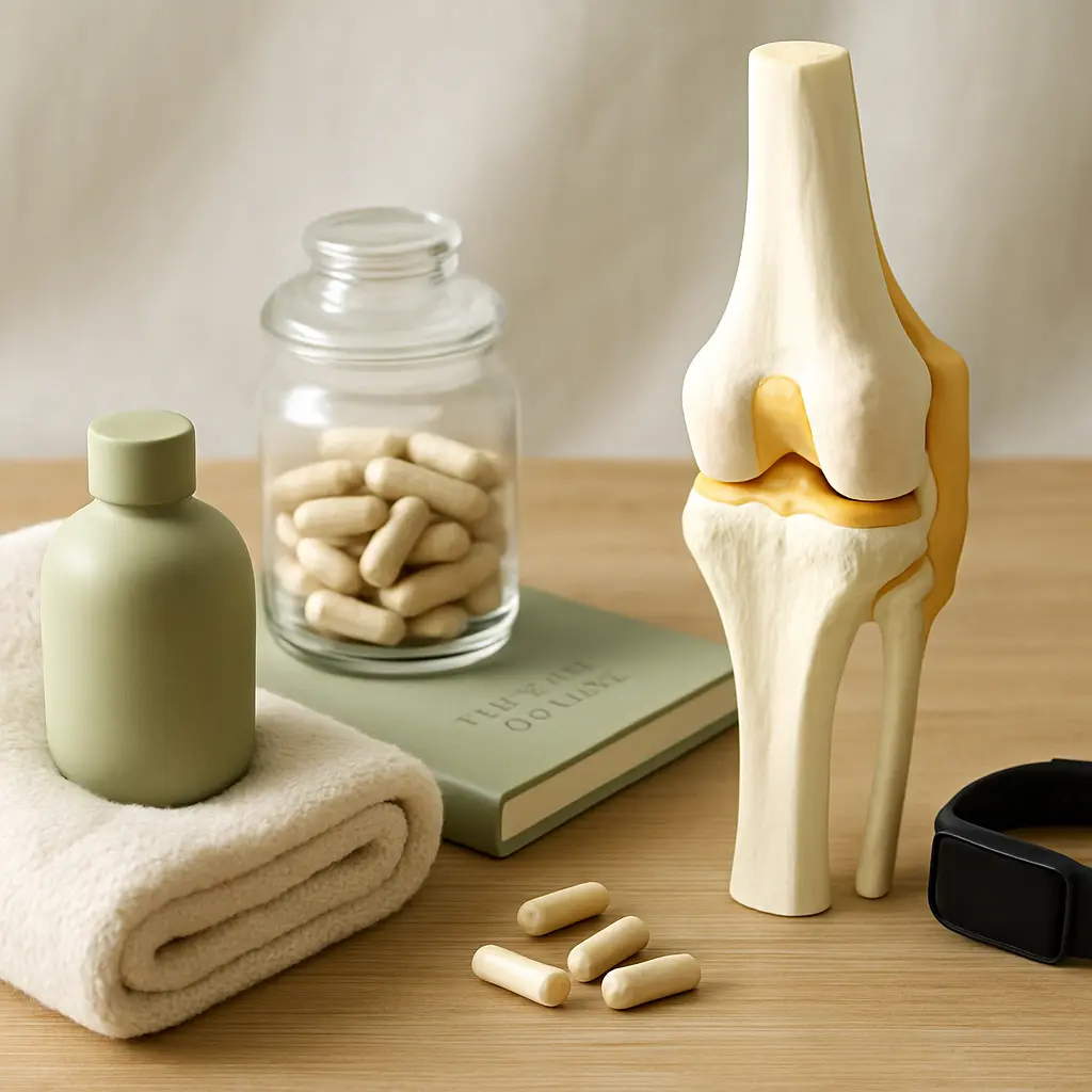 A wellness-themed setup featuring a knee joint model beside a jar of supplements, a water bottle, a fitness tracker, and a towel on a table, highlighting vitamins, fitness, and healthy living.