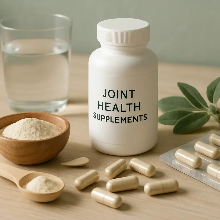 A bottle labeled 'Joint Health Supplements' surrounded by capsules, powder, a spoon, and a sprig of leaves, emphasizing vitamins, fitness, wellness, and healthy eating.