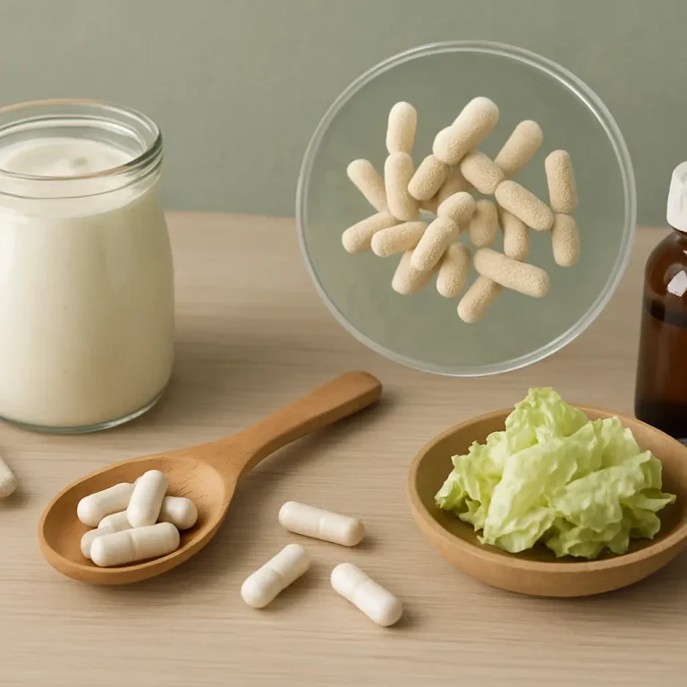Supplements and vitamins with a jar of yogurt and a bowl of lettuce, emphasizing wellness and healthy eating.