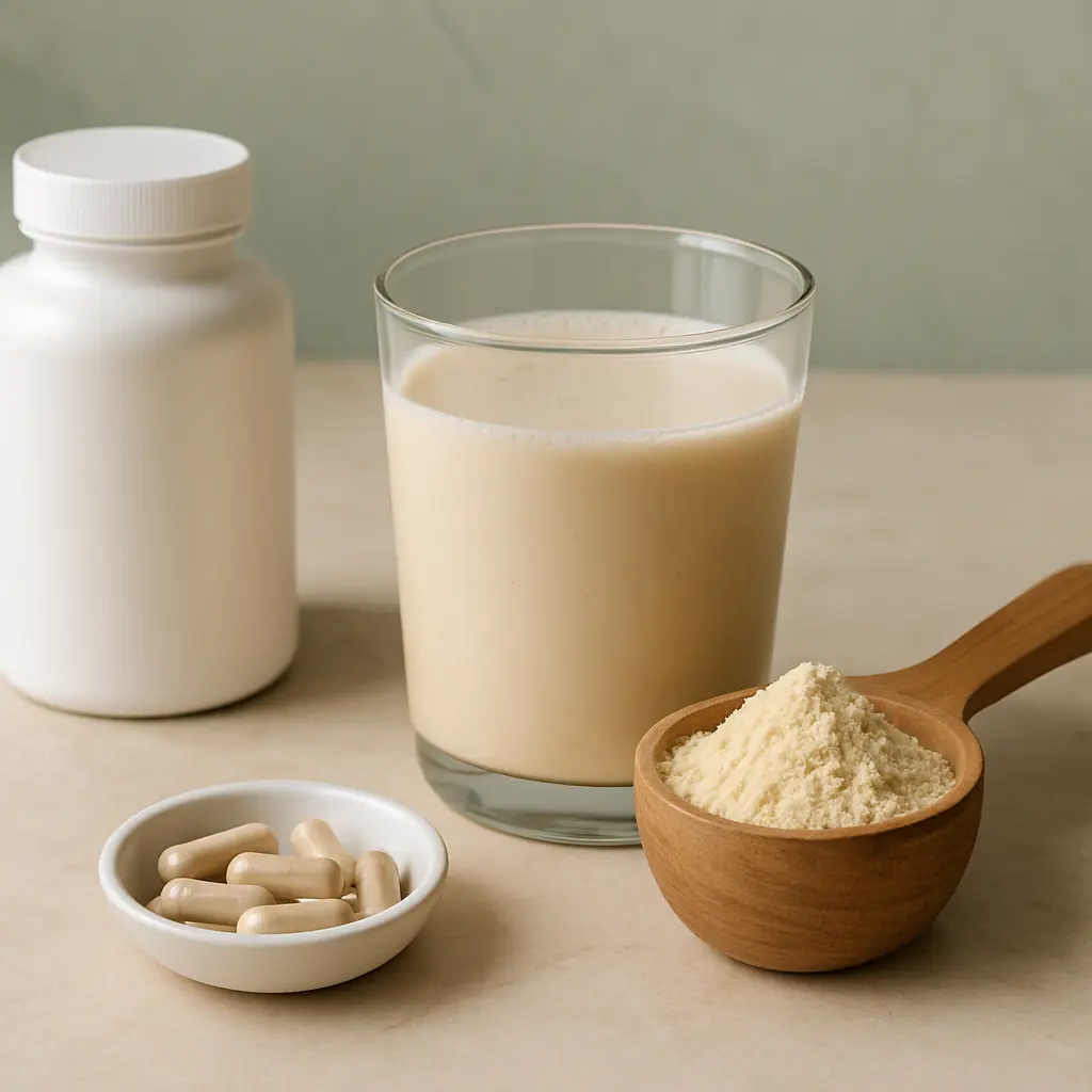 A glass of protein shake, a wooden scoop of protein powder, a small dish of supplement capsules, and a white pill bottle on a neutral background, representing fitness and wellness through vitamins and healthy eating.