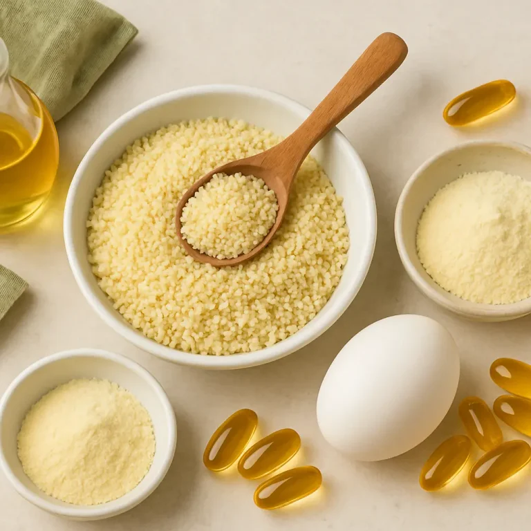 Assortment of wellness foods including a bowl of couscous with a wooden spoon, a white egg, powdered supplements in bowls, fish oil capsules, and a glass bottle of olive oil, promoting healthy eating and fitness nutrition.