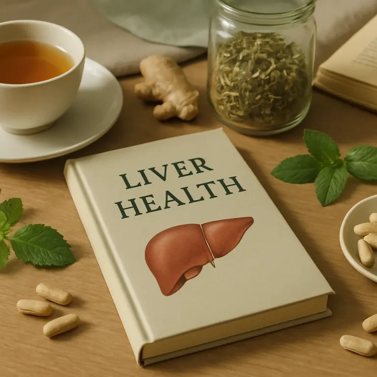 Liver health book with herbal tea, ginger, mint leaves, and supplements on a wooden table, symbolizing wellness, healthy eating, and vitamins.