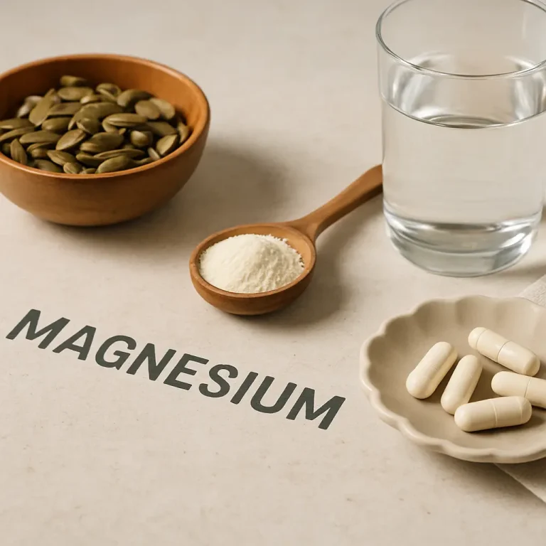 A display of magnesium supplements, including pills, powder in a spoon, pumpkin seeds, and a glass of water, highlighting wellness and healthy eating benefits.