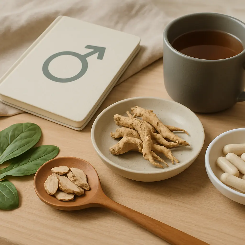 Image of wellness-focused items including ginseng roots, capsules, spinach leaves, and a cup of tea, emphasizing natural supplements and healthy eating.