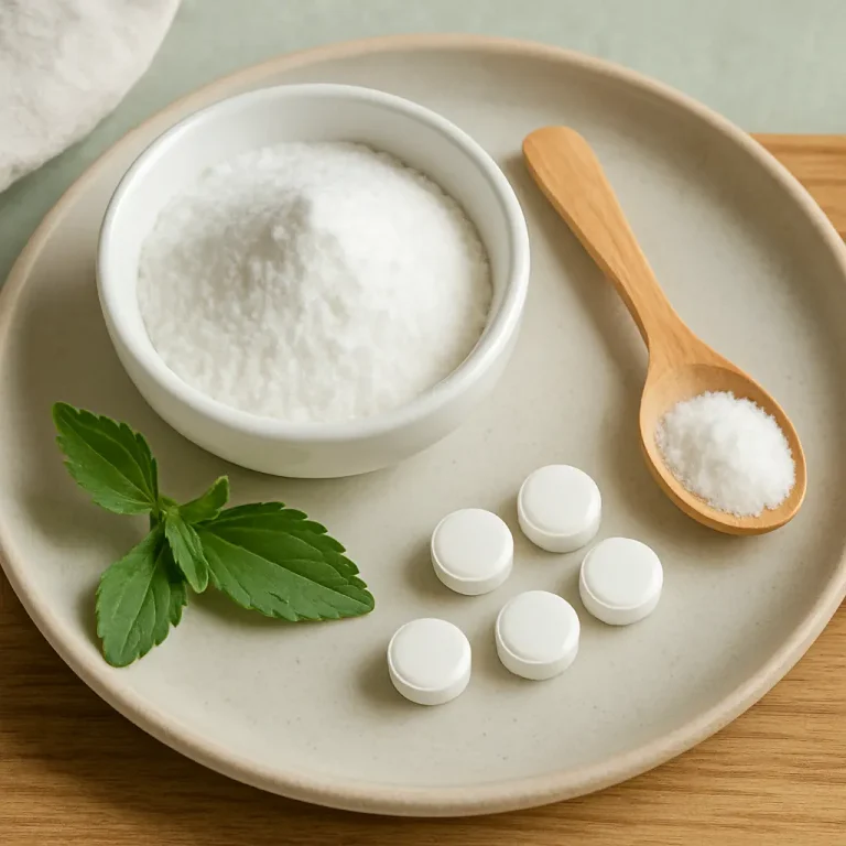 A bowl of white powder, a wooden spoon with powder, white tablets, and fresh green leaves on a plate, representing fitness supplements and healthy eating.