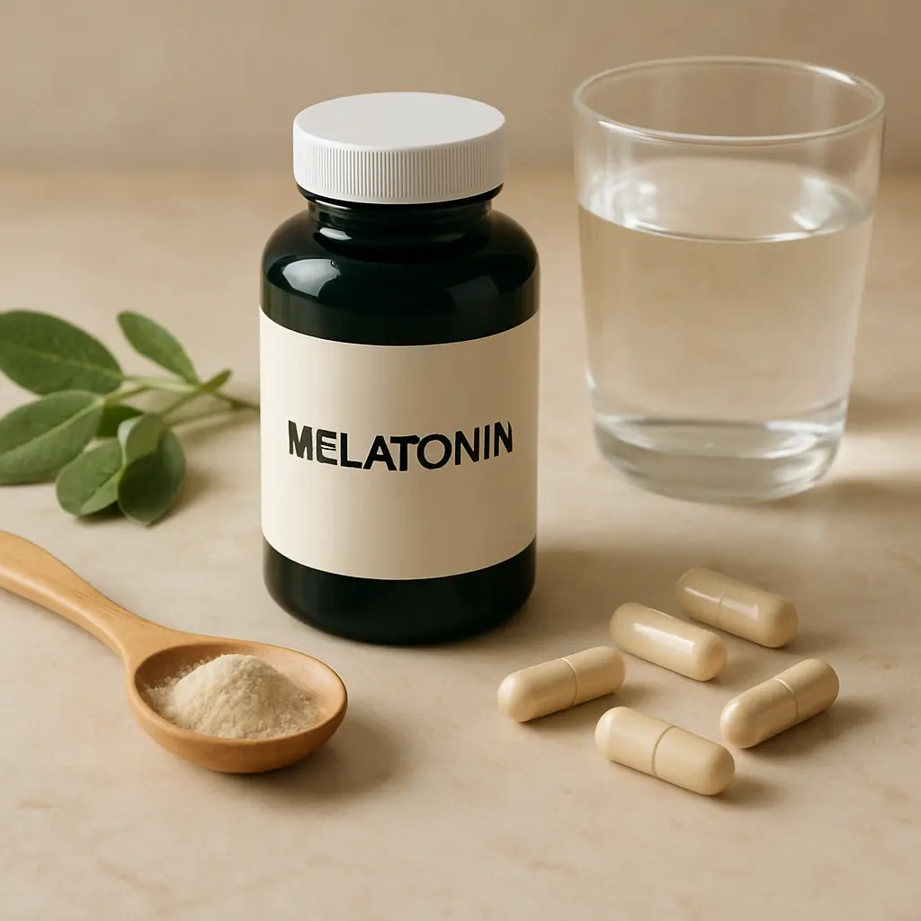 Melatonin supplement bottle with capsules, a wooden spoon of powder, and a glass of water, promoting wellness and healthy sleep.