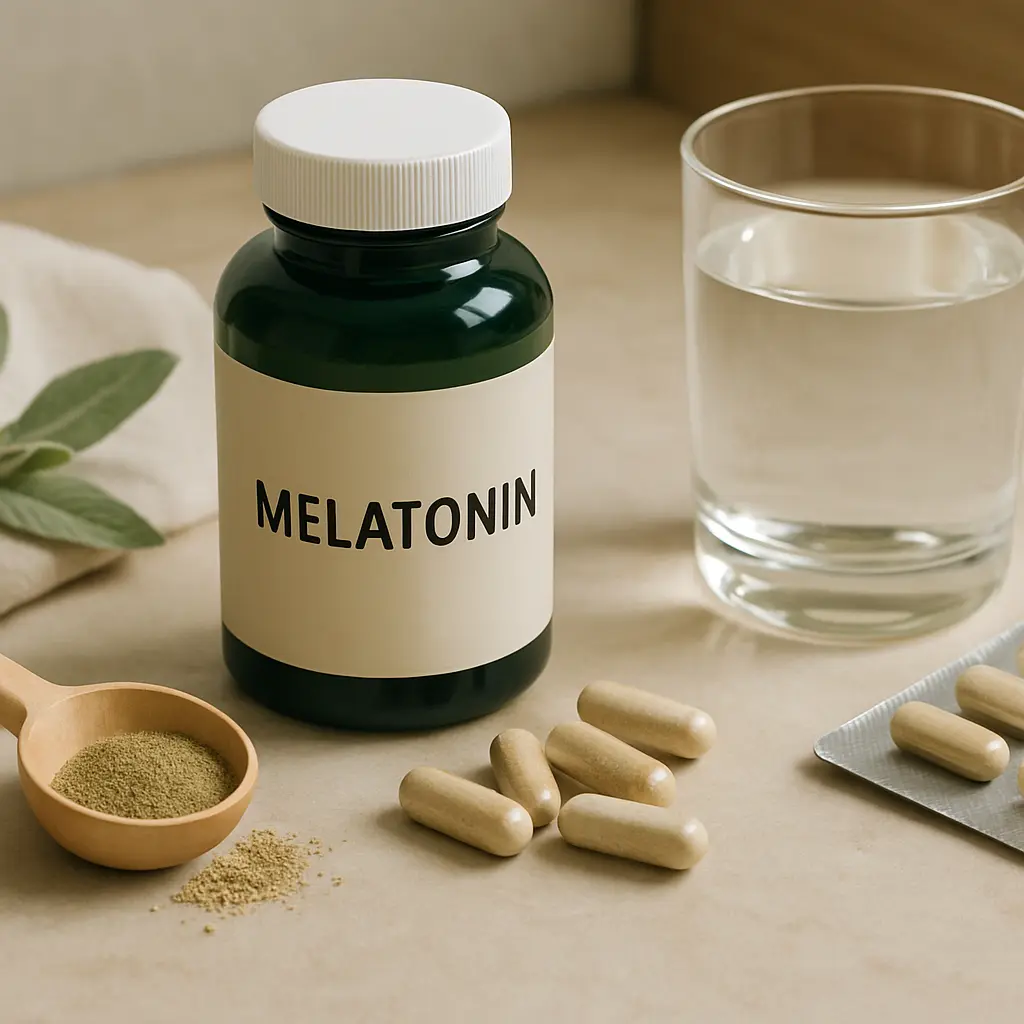 Melatonin supplement bottle with capsules, a glass of water, and a wooden spoon with powder, promoting wellness, sleep support, and fitness benefits.
