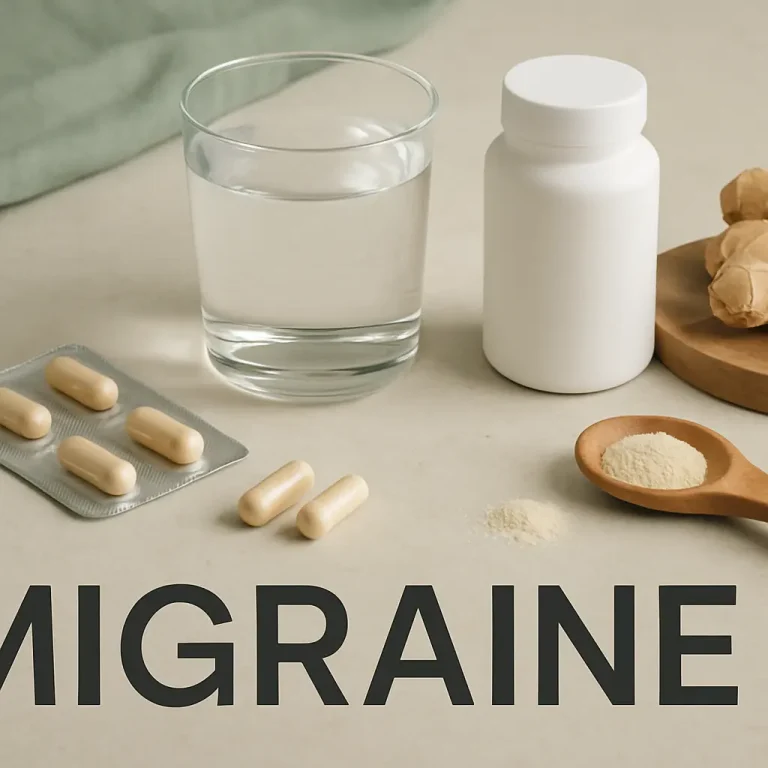 Supplements and a glass of water on a table with the word 'MIGRAINE', promoting wellness and healthy living.