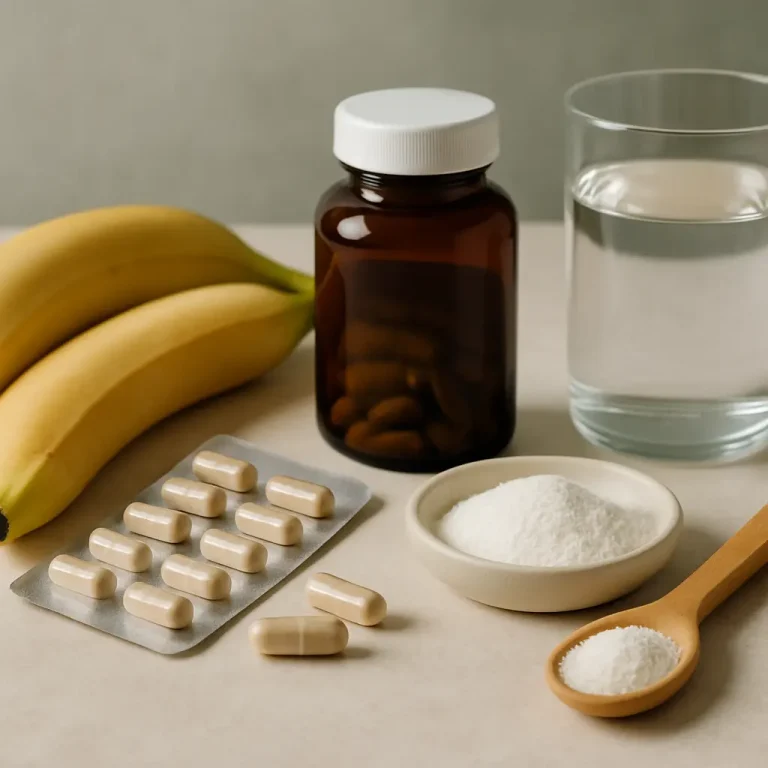 A wellness-themed arrangement featuring bananas, a bottle of vitamins, a blister pack of supplement capsules, a bowl and spoon with white powder, and a glass of water, highlighting fitness and healthy eating concepts.