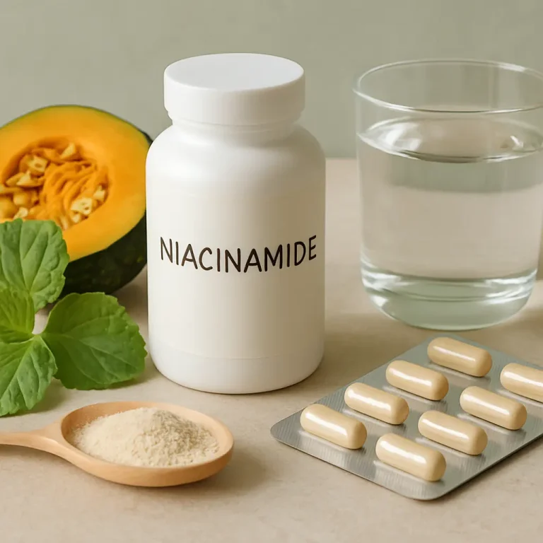 Vitamin supplement setup with a bottle labeled 'Niacinamide,' a blister pack of capsules, a scoop of powder, glass of water, and a halved pumpkin, symbolizing wellness and healthy eating.
