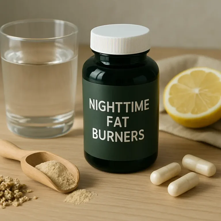 A container labeled 'Nighttime Fat Burners' alongside supplement capsules, a glass of water, half a lemon, and a wooden scoop of powder, suggesting themes of wellness, fitness, and dietary supplements.