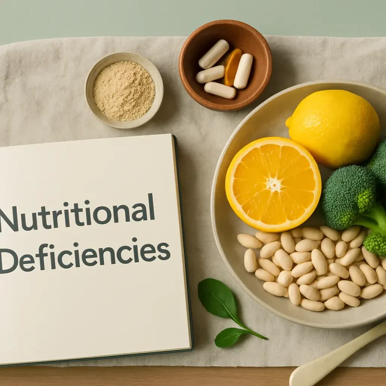 A book titled 'Nutritional Deficiencies' next to a bowl containing vitamin supplements, a sliced orange, lemon, broccoli, and almonds, symbolizing healthy eating and wellness.