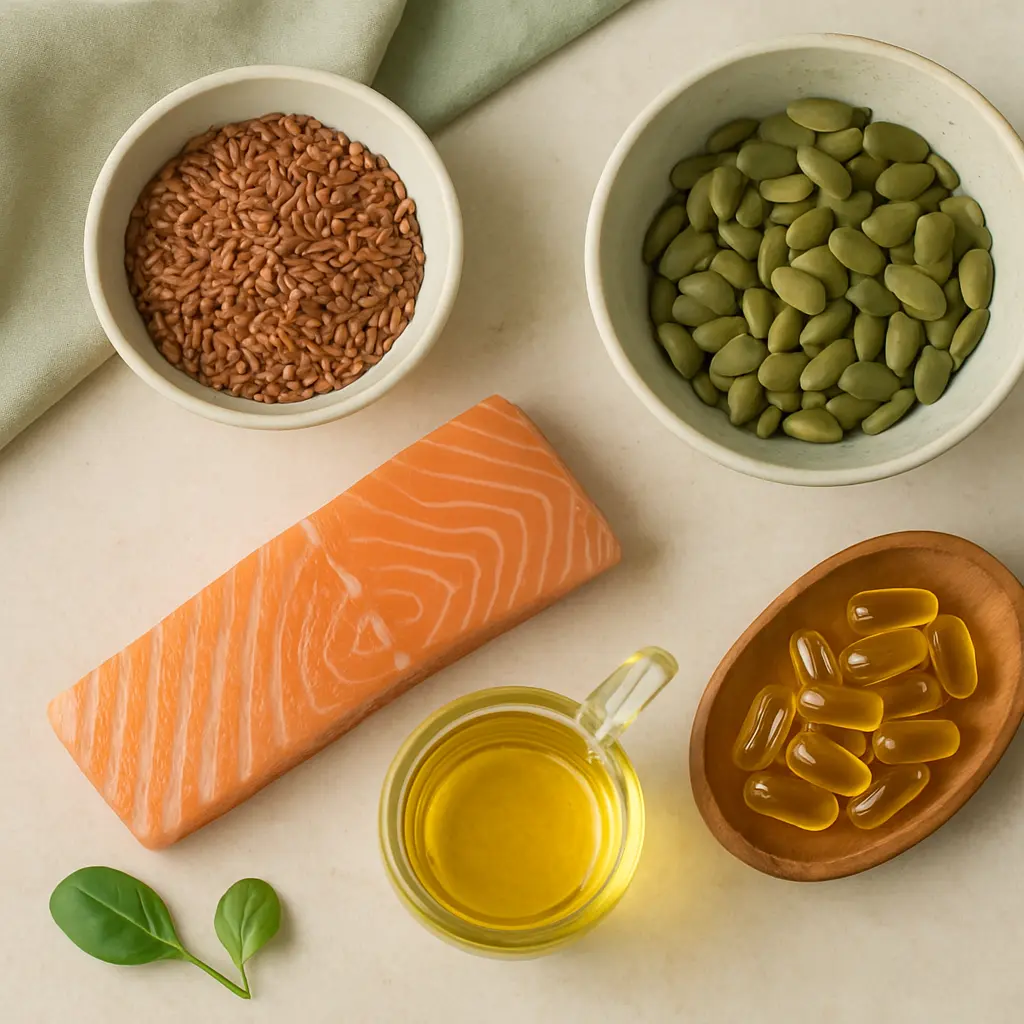 Assorted healthy foods and supplements including salmon, flax seeds, lima beans, fish oil capsules, spinach, and olive oil, highlighting nutrition and wellness.
