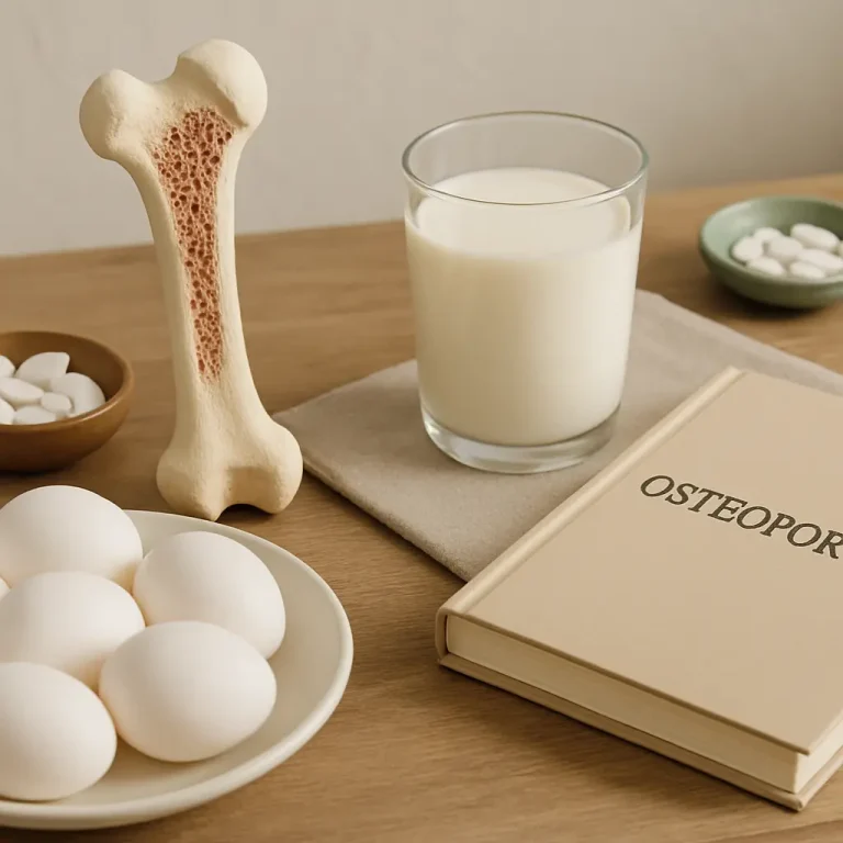 Visual of osteoporosis prevention with milk, eggs, supplements, and a book, emphasizing vitamins, wellness, and healthy nutrition for bone fitness.