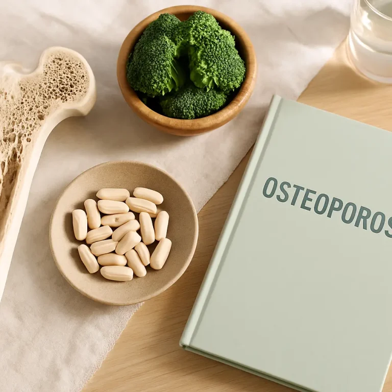 A book titled 'Osteoporosis' beside a bowl of vitamin supplements, broccoli, and a bone model, emphasizing bone health and wellness.