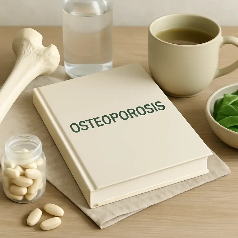 A book titled 'Osteoporosis' on a table with a jar of vitamin supplements, a bone model, a glass of water, a cup of tea, and a bowl of leafy greens, emphasizing wellness and healthy eating.