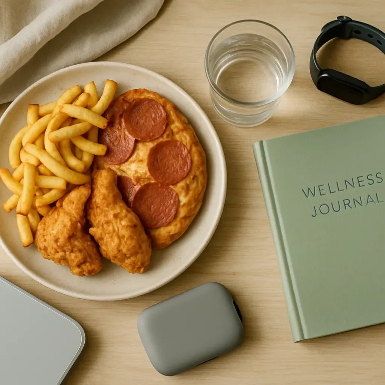 A plate with fried chicken, fries, and pepperoni pizza next to a wellness journal, a glass of water, and a smartwatch, symbolizing a balance between healthy eating and fitness.