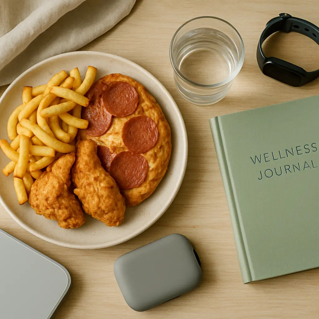 A plate with fried chicken, fries, and pepperoni pizza next to a wellness journal, a glass of water, and a smartwatch, symbolizing a balance between healthy eating and fitness.