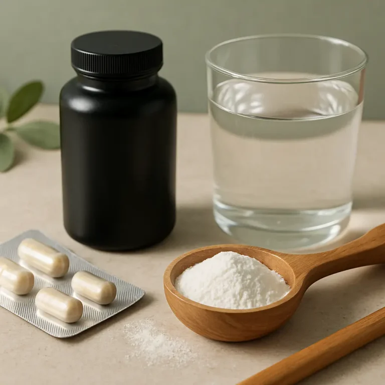 Black bottle with health supplements, wooden spoon with white powder, blister pack of capsules, and a glass of water representing vitamins, fitness, and wellness.