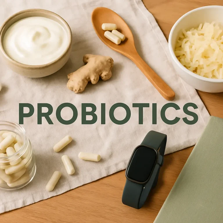 Flat lay of probiotic capsules, ginger root, yogurt, and a smartwatch on a table, highlighting wellness and healthy eating.