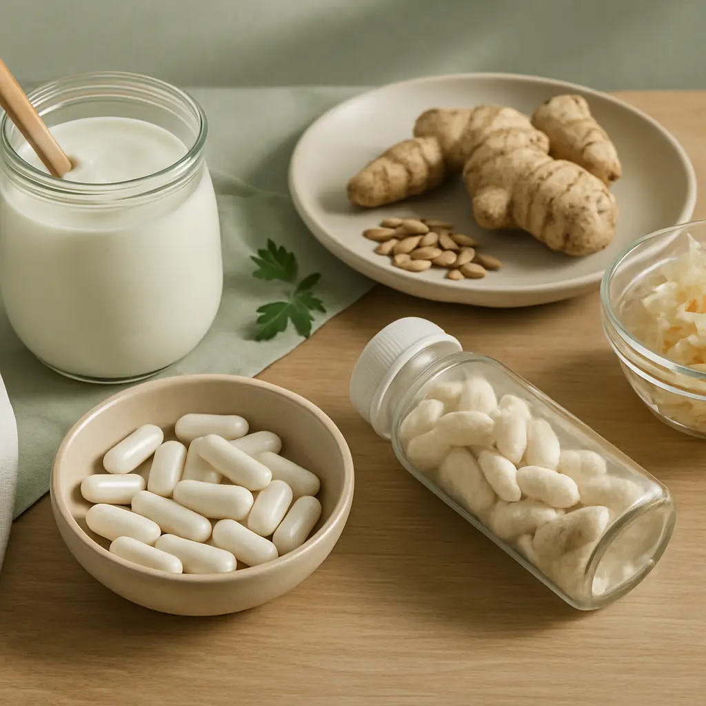 Assorted wellness foods and supplements including yogurt, ginger, seeds, white capsules, and fermented vegetables on a wooden table, emphasizing health, fitness, and nutrition.