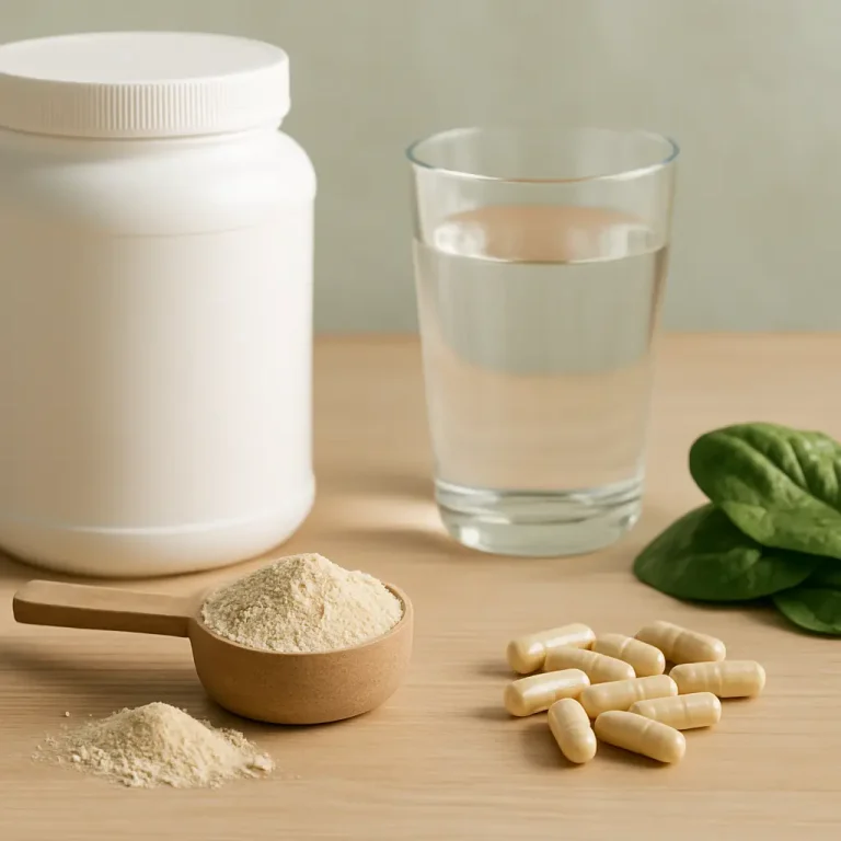 Powdered supplement in a scoop, capsules, spinach leaves, and a glass of water next to a large container, symbolizing vitamins, fitness, wellness, and healthy eating.