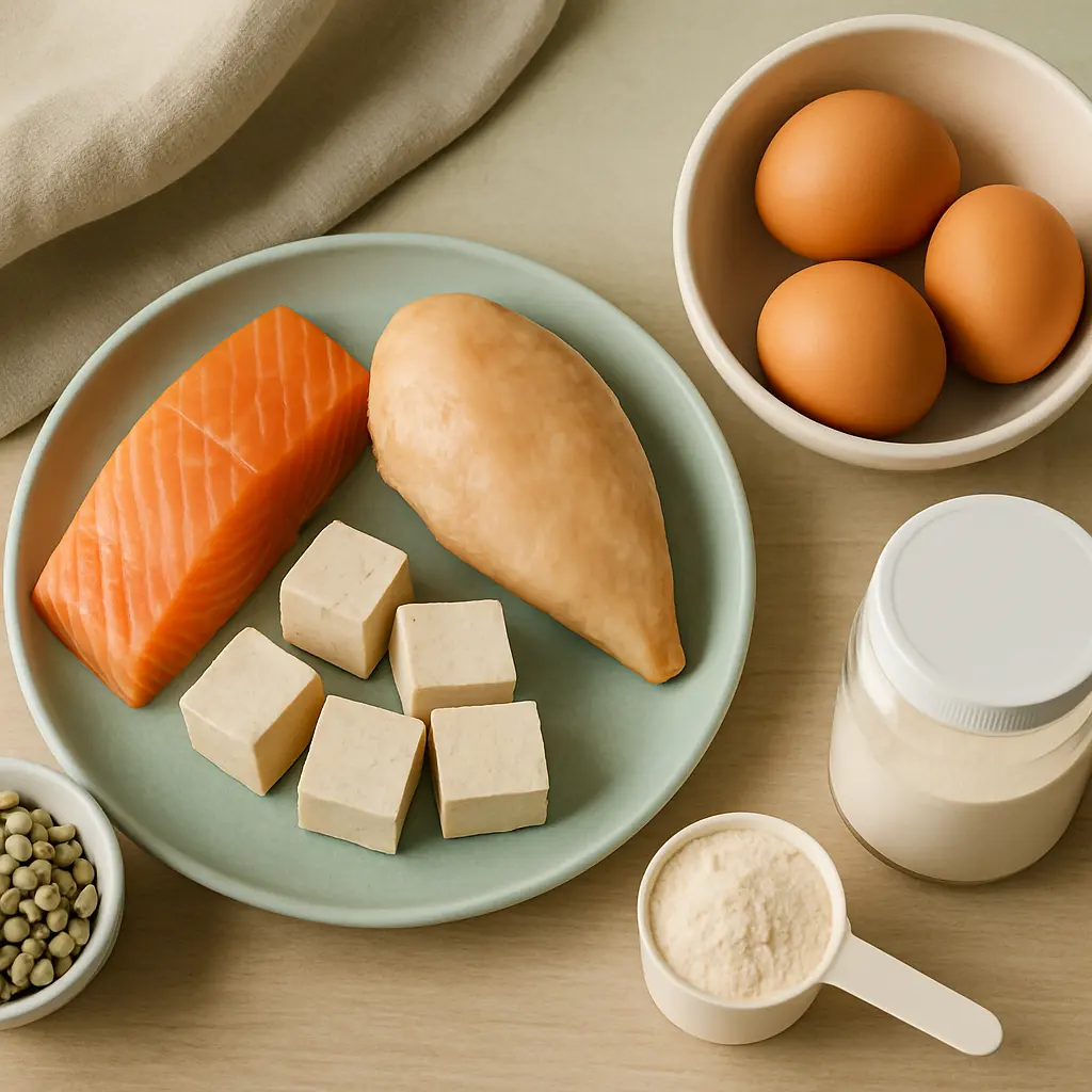 Plate featuring salmon, chicken breast, tofu, and eggs arranged alongside a jar and scoop of protein powder, highlighting healthy eating, fitness, and wellness with protein-rich foods and supplements.