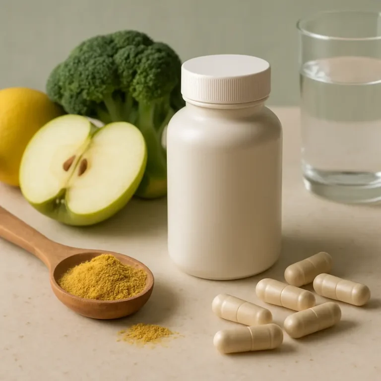 Vitamin supplements next to a broccoli, half apple, lemon, and a glass of water, symbolizing healthy eating and wellness.