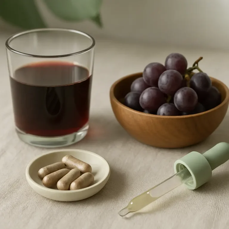 A glass of grape juice, a bowl of fresh grapes, dietary supplements, and a dropper on a table, symbolizing vitamins, wellness, and healthy eating.
