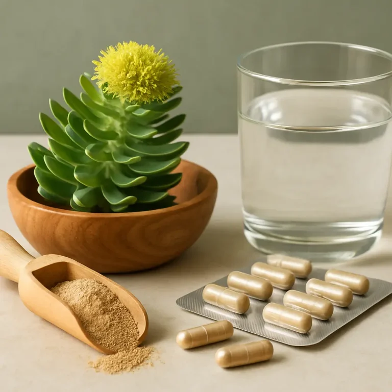 Powdered supplement with capsules, a succulent plant, and a glass of water representing vitamins, wellness, and healthy living.