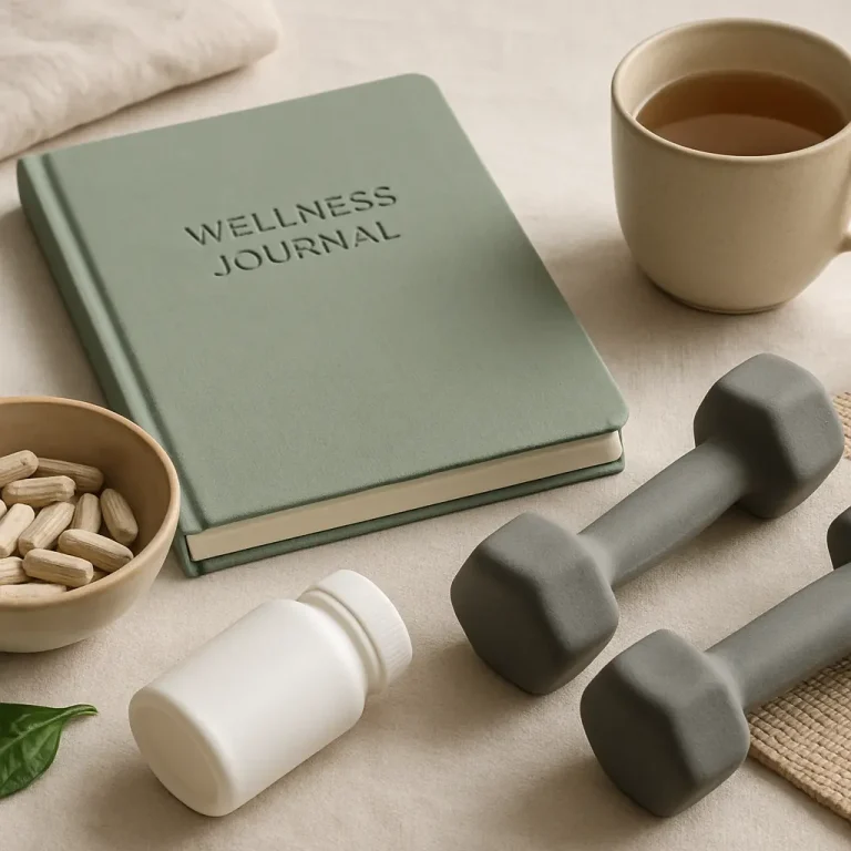 Wellness journal, vitamins, green dumbbells, and herbal tea cup emphasizing fitness, supplements, and healthy living.