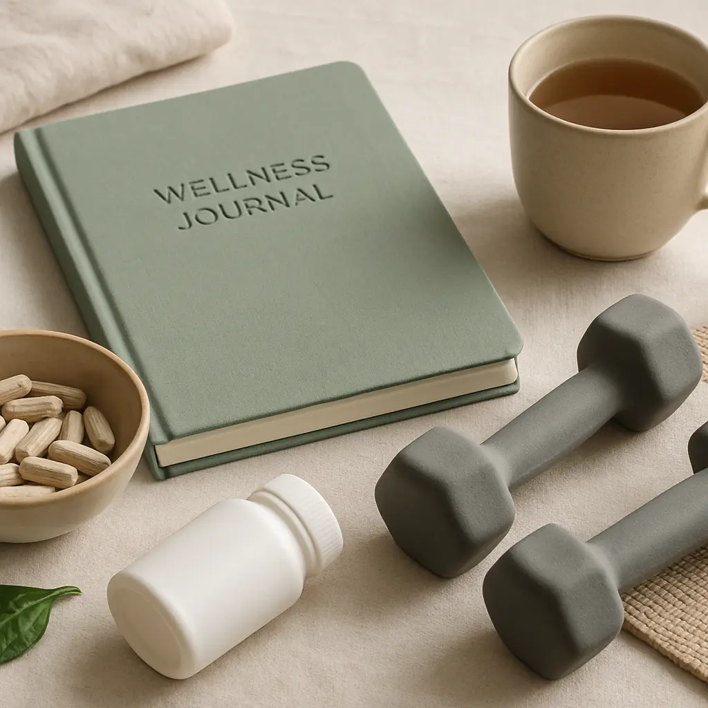 Wellness journal, vitamins, green dumbbells, and herbal tea cup emphasizing fitness, supplements, and healthy living.