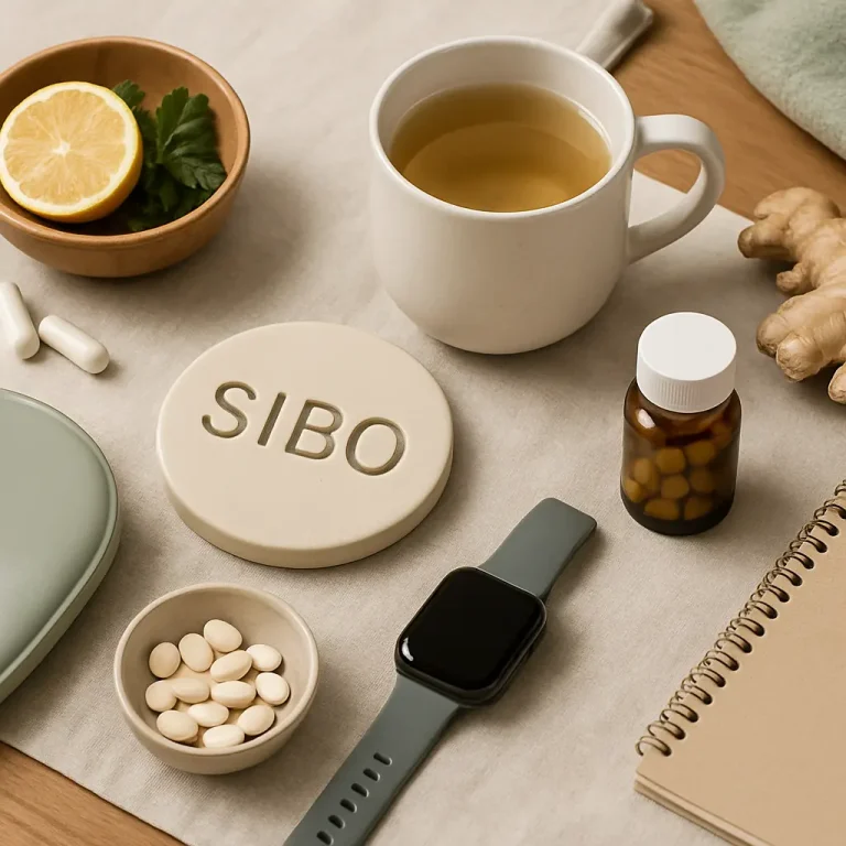 Flat lay of wellness essentials including a cup of herbal tea, SIBO disc, supplements in a small bowl, ginger, lemon slice, a smartwatch, and a notebook, emphasizing vitamins, healthy eating, and fitness.