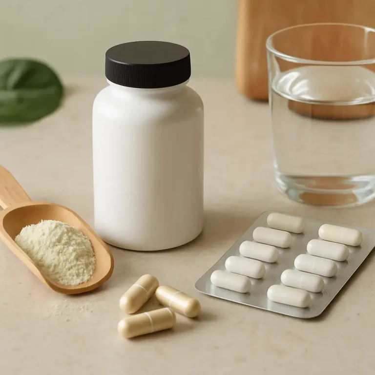 Supplements and vitamins including a blank bottle, capsules in blister pack, loose powder on a wooden scoop, and a glass of water, promoting fitness and healthy living.
