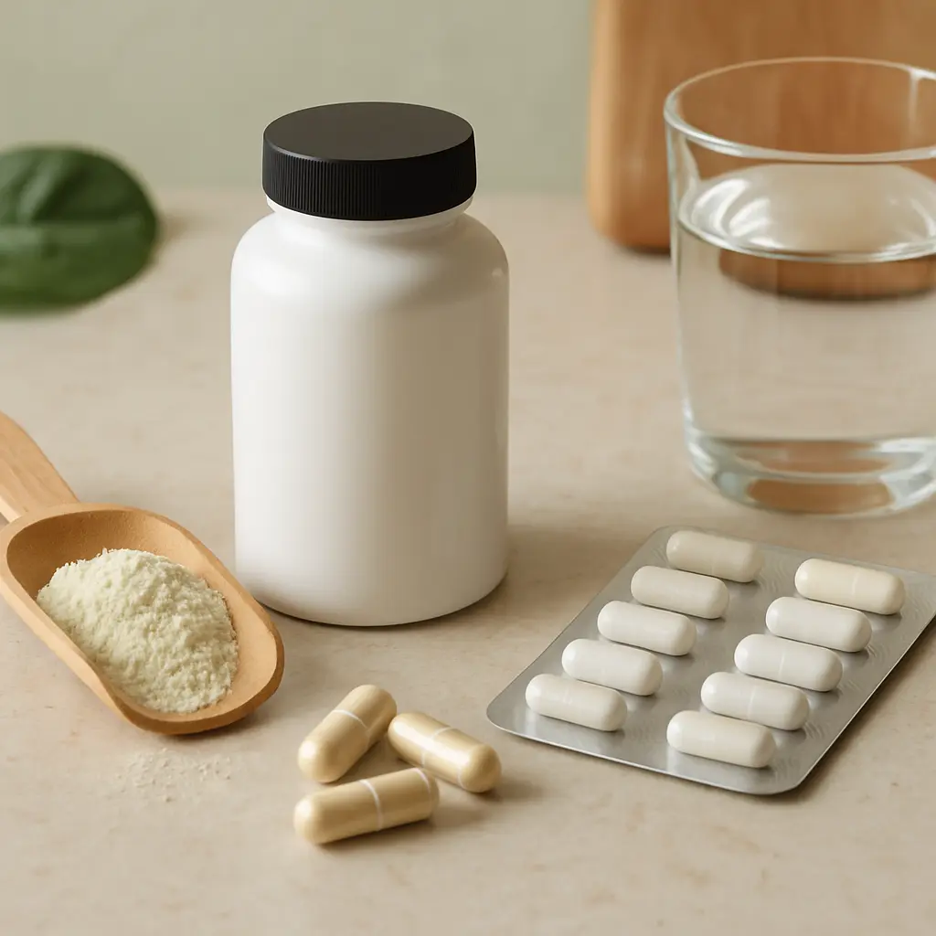 Supplements and vitamins including a blank bottle, capsules in blister pack, loose powder on a wooden scoop, and a glass of water, promoting fitness and healthy living.