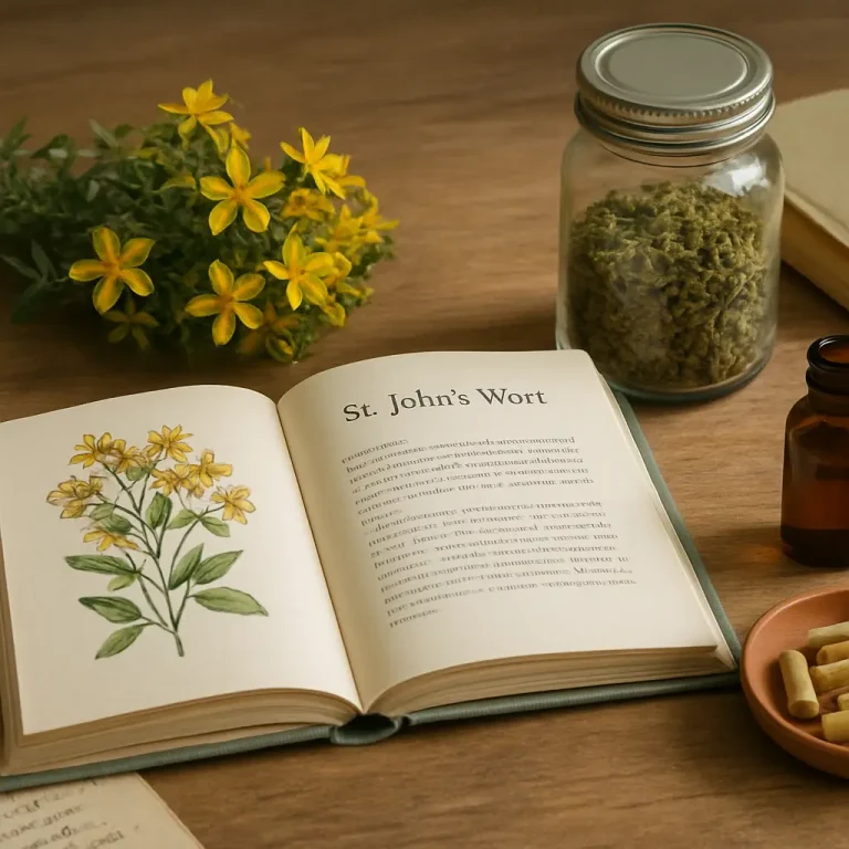 Illustration of St. John's Wort in an open book, with dried herbs in a jar and capsules on a table, symbolizing natural supplements and wellness.