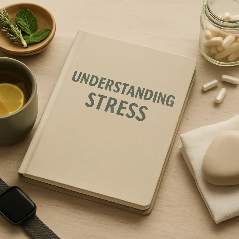 Book titled 'Understanding Stress' surrounded by a cup of herbal lemon tea, rosemary, mint leaves, a smartwatch, and a jar of supplements, promoting wellness and healthy living.