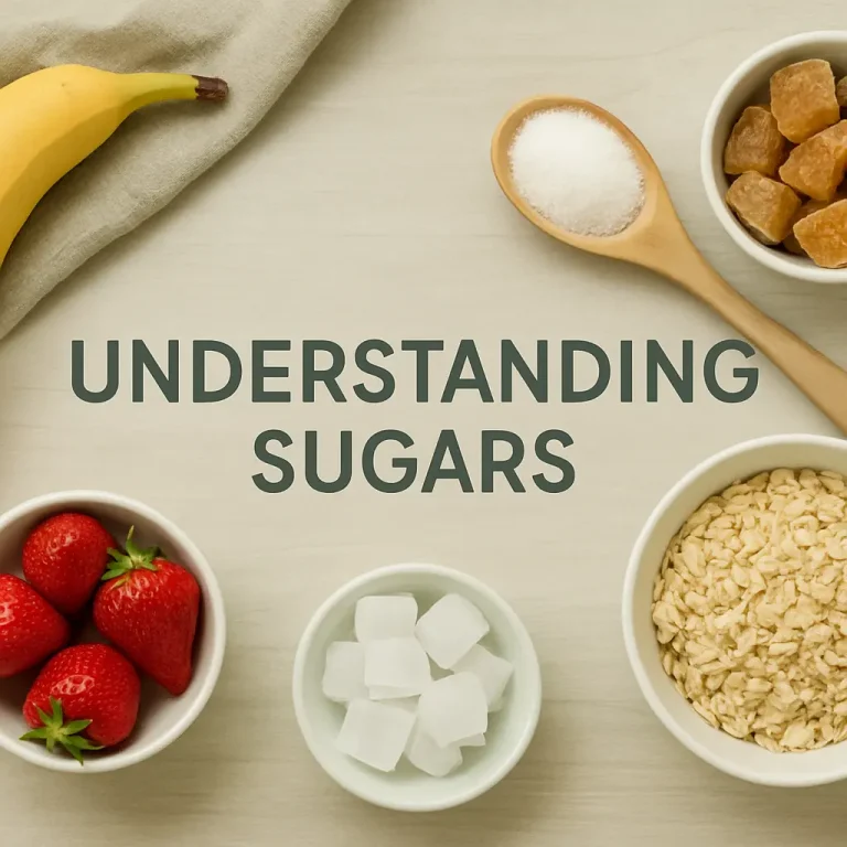A flat lay image with a banana, strawberries, sugar cubes, brown sugar chunks, and oats surrounding the text 'Understanding Sugars,' emphasizing healthy eating and wellness.