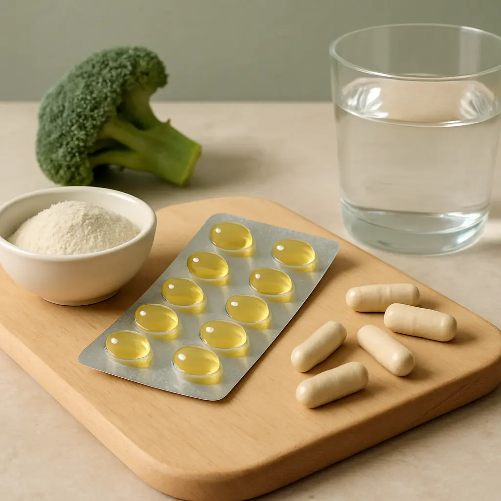 A wooden board displays a blister pack of yellow vitamin capsules, white supplement pills, a bowl of protein powder, a broccoli floret, and a glass of water, symbolizing fitness, wellness, and healthy eating.