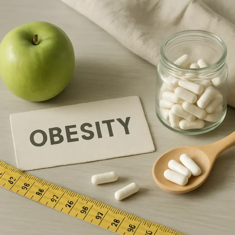 A green apple next to a card labeled 'OBESITY,' a measuring tape, a jar of white supplement capsules, and a wooden spoon, symbolizing health, wellness, and weight management.